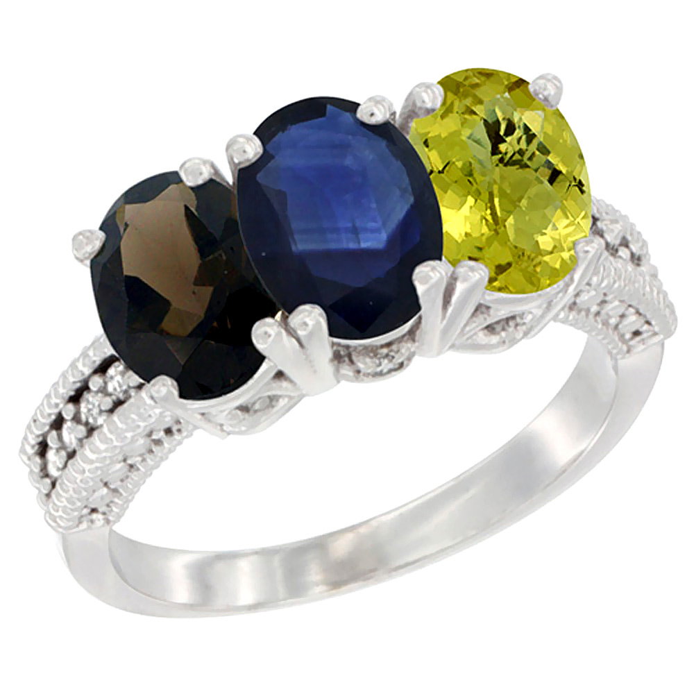 10K White Gold Natural Smoky Topaz, Blue Sapphire & Lemon Quartz Ring 3-Stone Oval 7x5 mm Diamond Accent, sizes 5 - 10