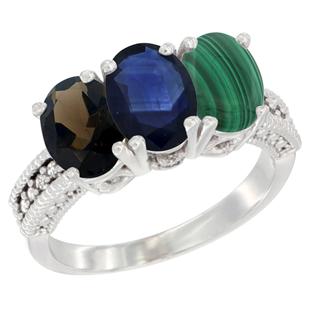 10K White Gold Natural Smoky Topaz, Blue Sapphire & Malachite Ring 3-Stone Oval 7x5 mm Diamond Accent, sizes 5 - 10