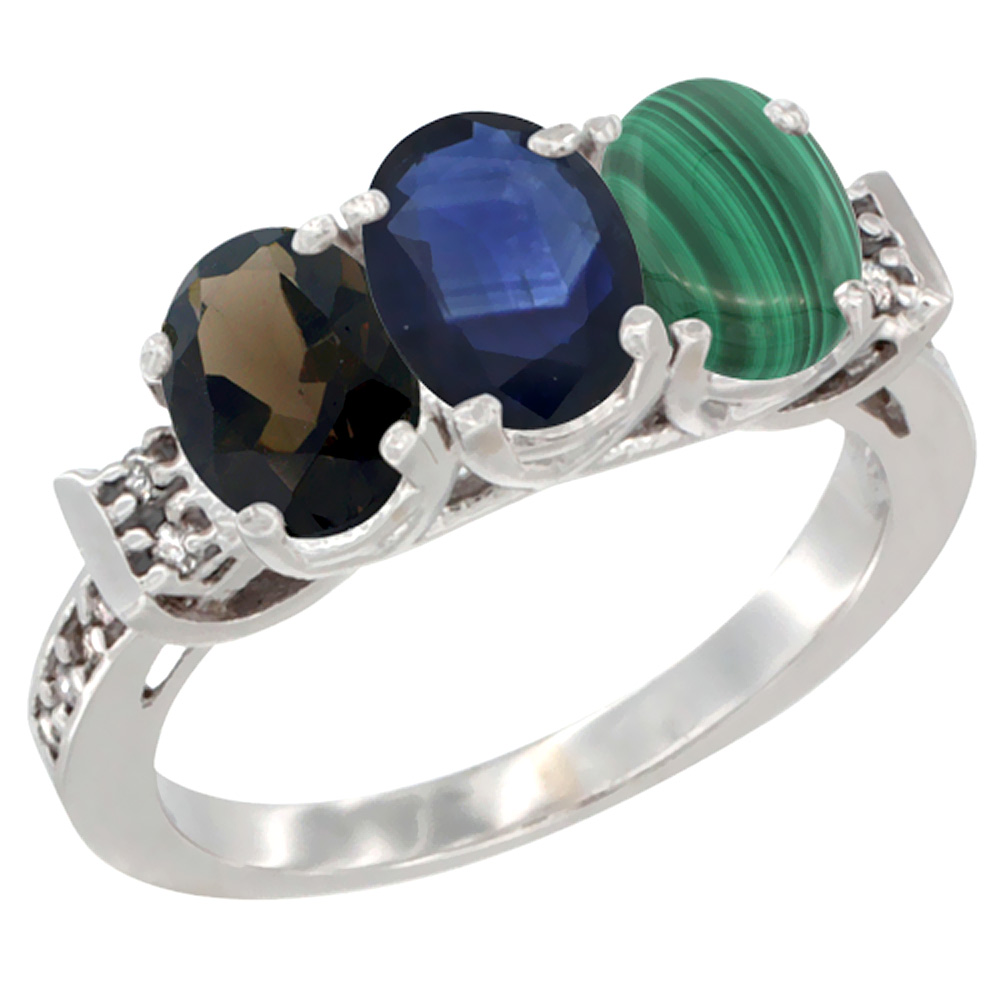 10K White Gold Natural Smoky Topaz, Blue Sapphire & Malachite Ring 3-Stone Oval 7x5 mm Diamond Accent, sizes 5 - 10