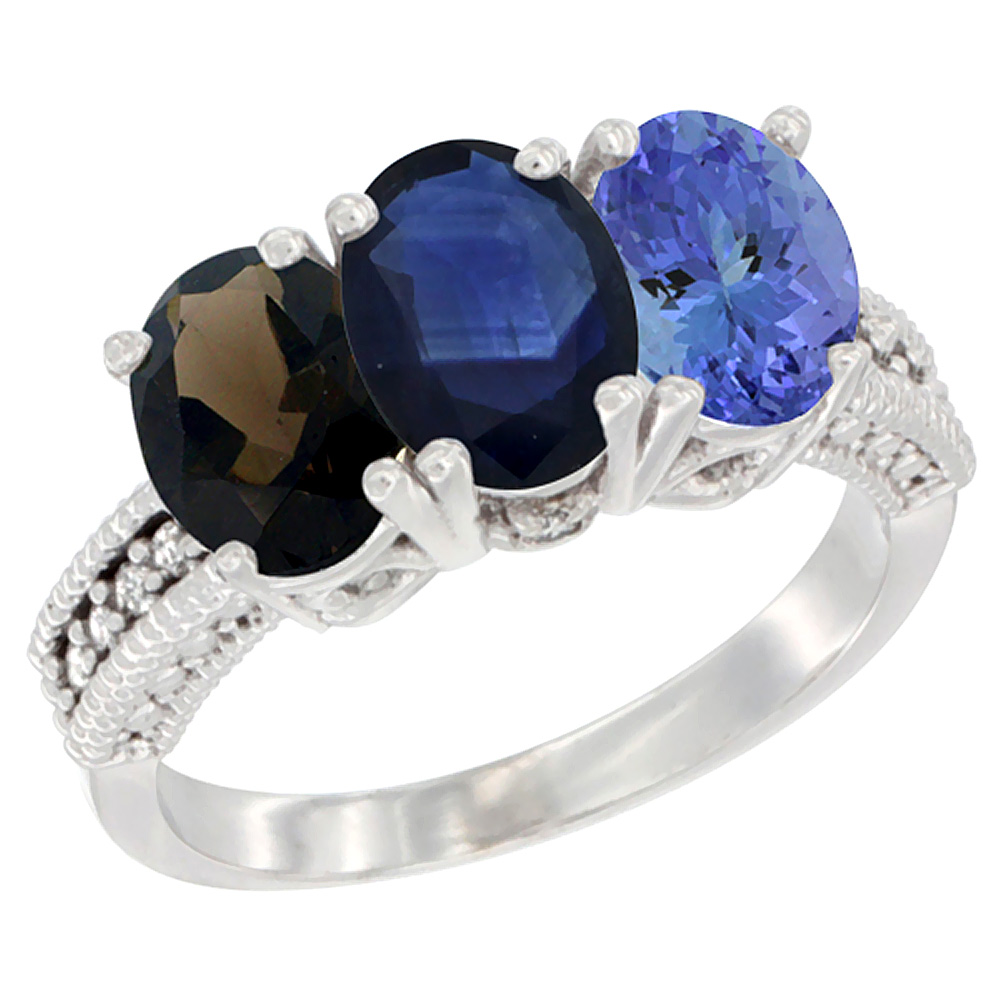 10K White Gold Natural Smoky Topaz, Blue Sapphire &amp; Tanzanite Ring 3-Stone Oval 7x5 mm Diamond Accent, sizes 5 - 10