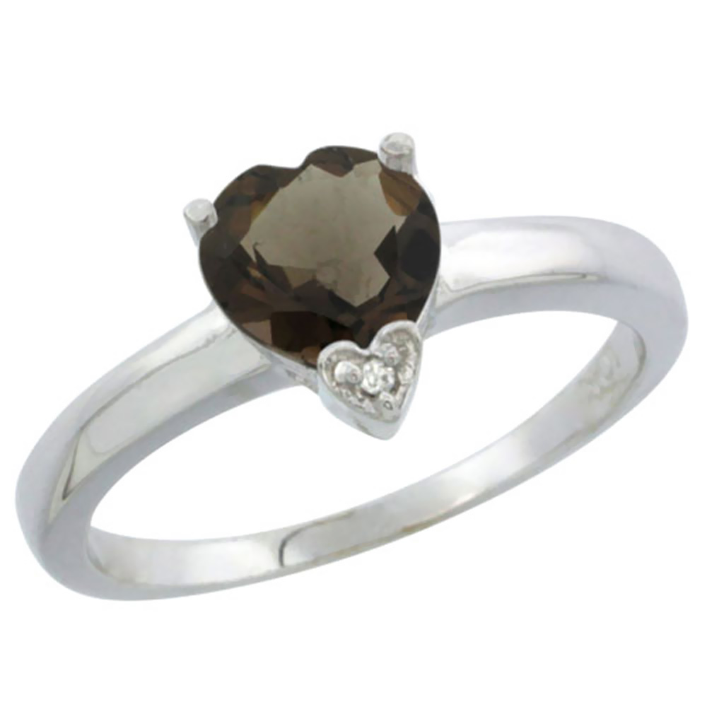 10K White Gold Natural Smoky Topaz Heart 7x7mm Diamond Accent, sizes 5-10