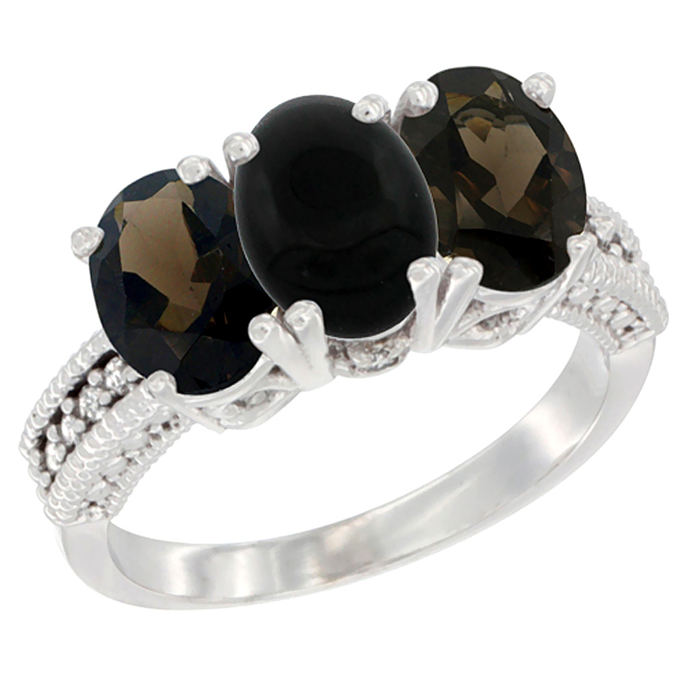 14K White Gold Natural Black Onyx &amp; Smoky Topaz Ring 3-Stone 7x5 mm Oval Diamond Accent, sizes 5 - 10