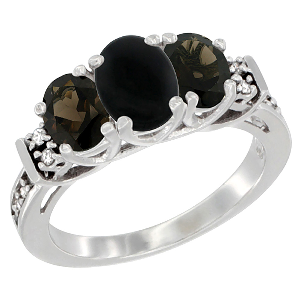 14K White Gold Natural Black Onyx & Smoky Topaz Ring 3-Stone Oval Diamond Accent, sizes 5-10