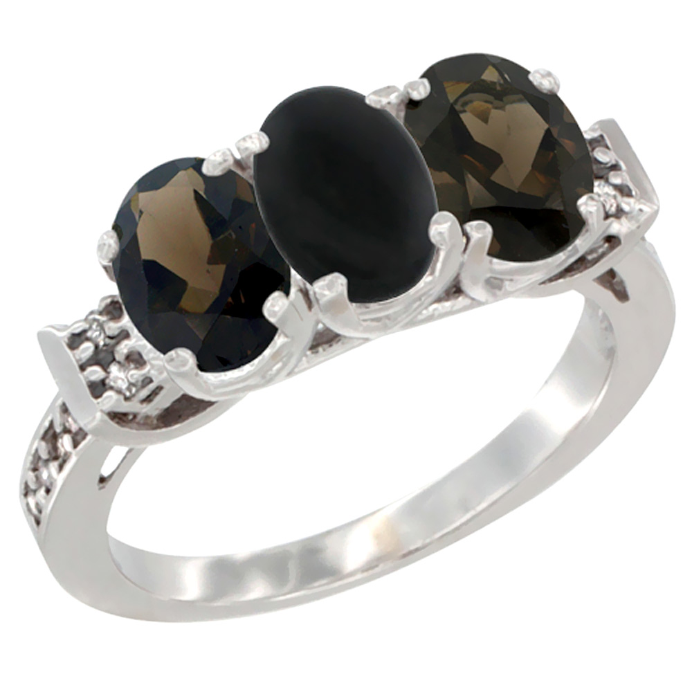 14K White Gold Natural Black Onyx &amp; Smoky Topaz Sides Ring 3-Stone Oval 7x5 mm Diamond Accent, sizes 5 - 10