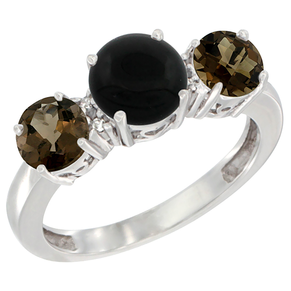 14K White Gold Round 3-Stone Natural Black Onyx Ring &amp; Smoky Topaz Sides Diamond Accent, sizes 5 - 10