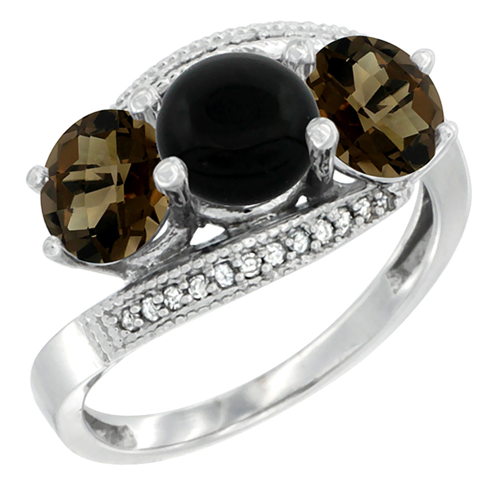 14K White Gold Natural Black Onyx & Smoky Topaz Sides 3 stone Ring Round 6mm Diamond Accent, sizes 5 - 10