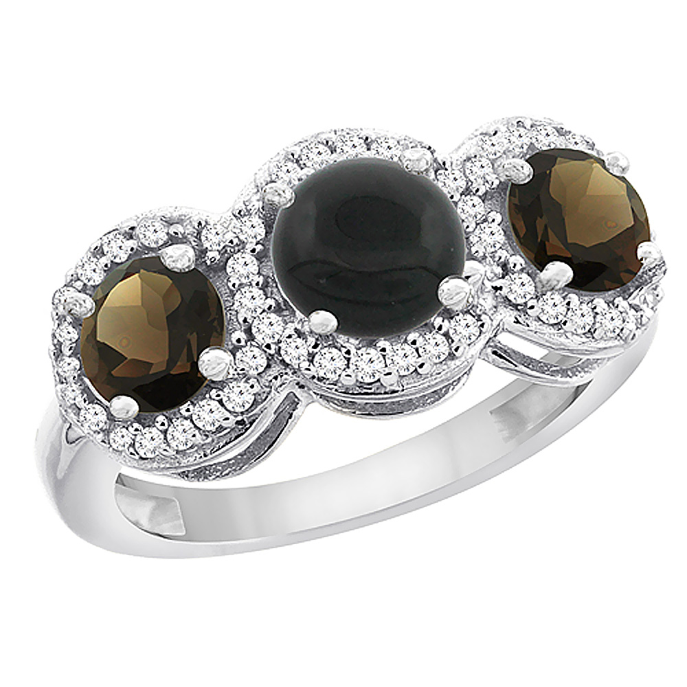 14K White Gold Natural Black Onyx &amp; Smoky Topaz Sides Round 3-stone Ring Diamond Accents, sizes 5 - 10