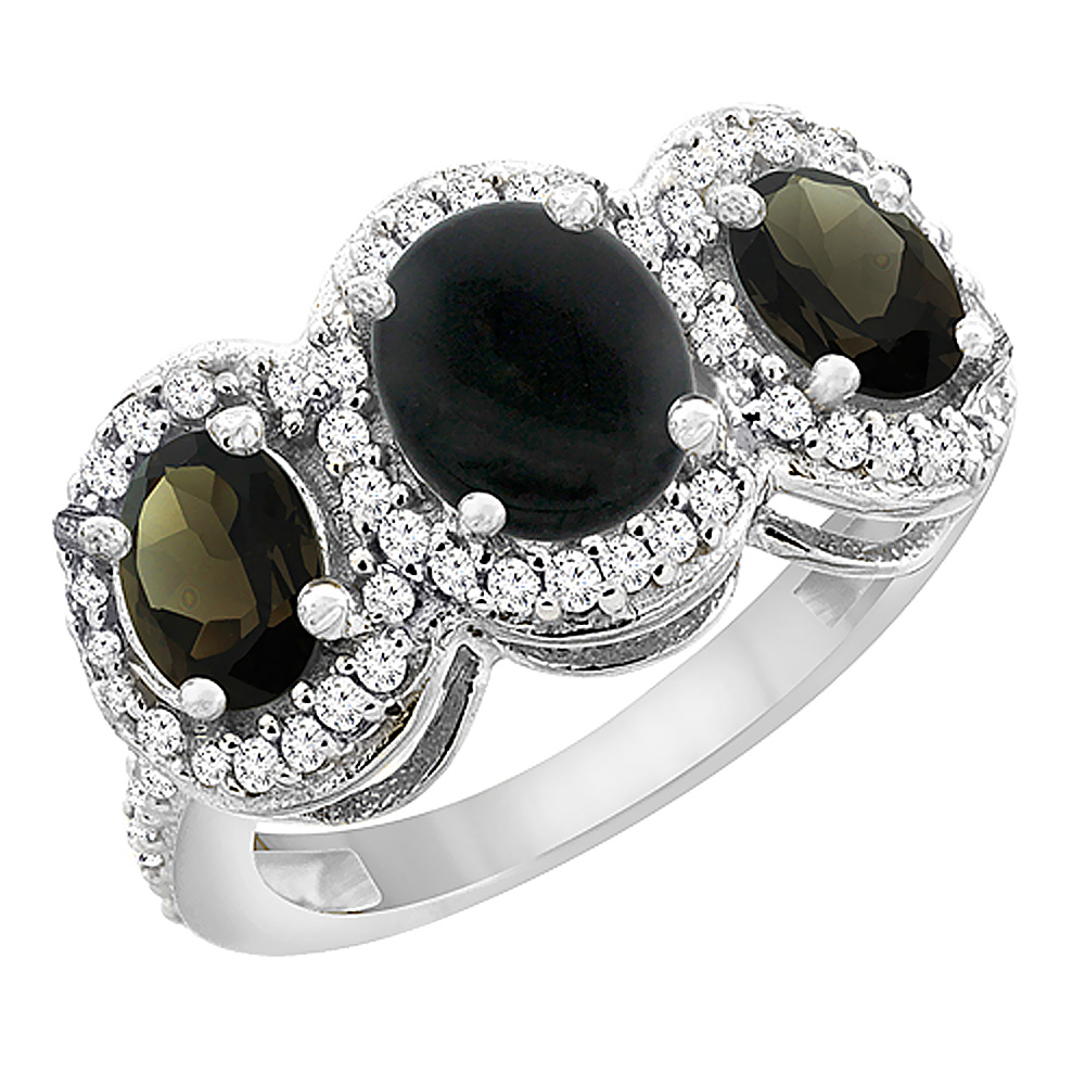 14K White Gold Natural Black Onyx &amp; Smoky Topaz 3-Stone Ring Oval Diamond Accent, sizes 5 - 10