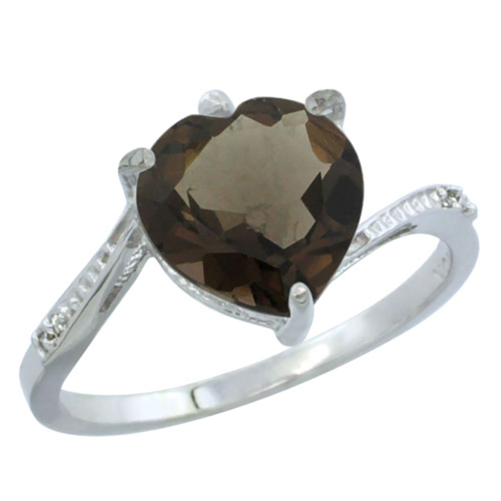 10K White Gold Natural Smoky Topaz Ring Heart 9x9mm Diamond Accent, sizes 5-10