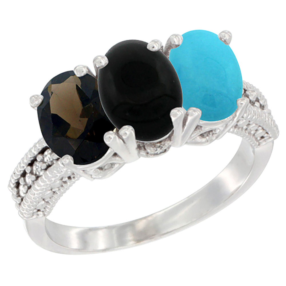 14K White Gold Natural Smoky Topaz, Black Onyx & Turquoise Ring 3-Stone 7x5 mm Oval Diamond Accent, sizes 5 - 10
