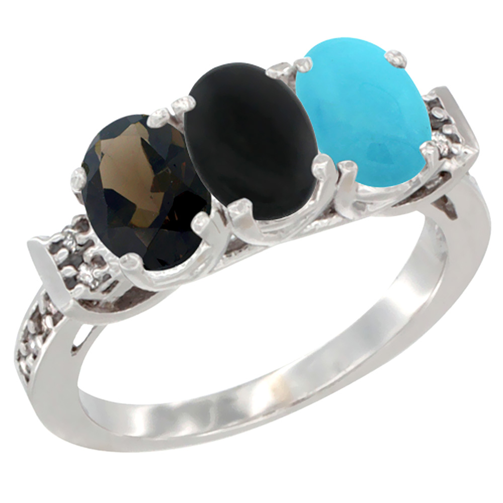 14K White Gold Natural Smoky Topaz, Black Onyx &amp; Turquoise Ring 3-Stone Oval 7x5 mm Diamond Accent, sizes 5 - 10