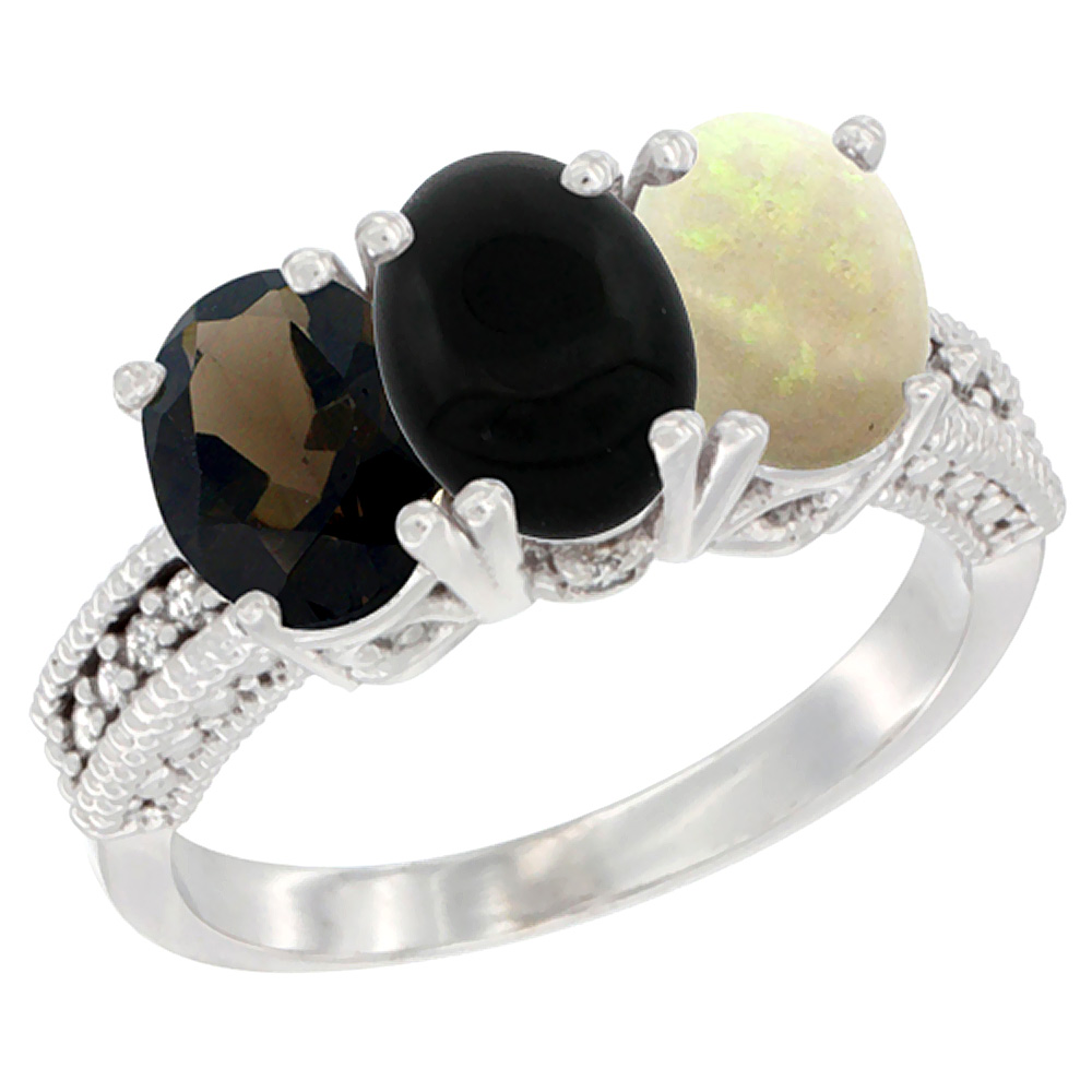 10K White Gold Natural Smoky Topaz, Black Onyx & Opal Ring 3-Stone Oval 7x5 mm Diamond Accent, sizes 5 - 10
