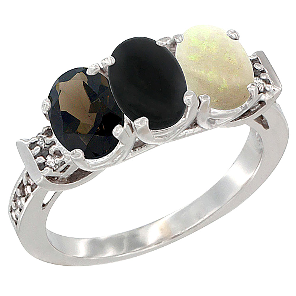 10K White Gold Natural Smoky Topaz, Black Onyx &amp; Opal Ring 3-Stone Oval 7x5 mm Diamond Accent, sizes 5 - 10