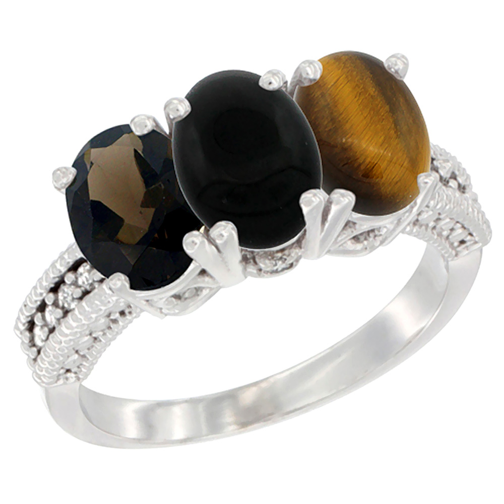 14K White Gold Natural Smoky Topaz, Black Onyx &amp; Tiger Eye Ring 3-Stone 7x5 mm Oval Diamond Accent, sizes 5 - 10