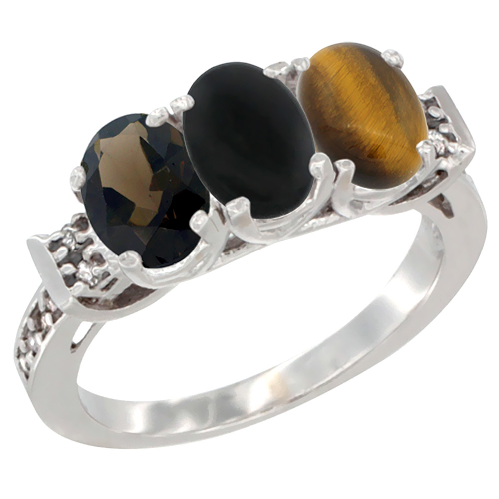 14K White Gold Natural Smoky Topaz, Black Onyx &amp; Tiger Eye Ring 3-Stone Oval 7x5 mm Diamond Accent, sizes 5 - 10