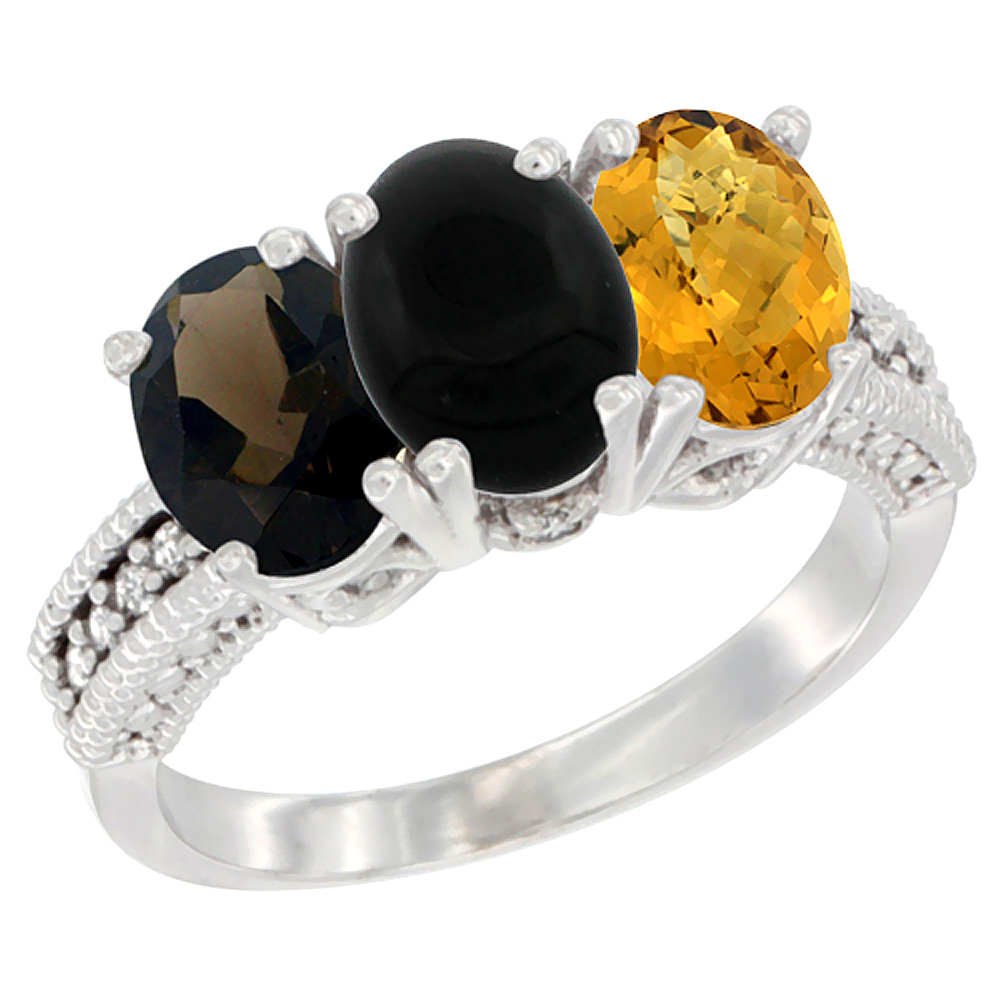 14K White Gold Natural Smoky Topaz, Black Onyx & Whisky Quartz Ring 3-Stone 7x5 mm Oval Diamond Accent, sizes 5 - 10
