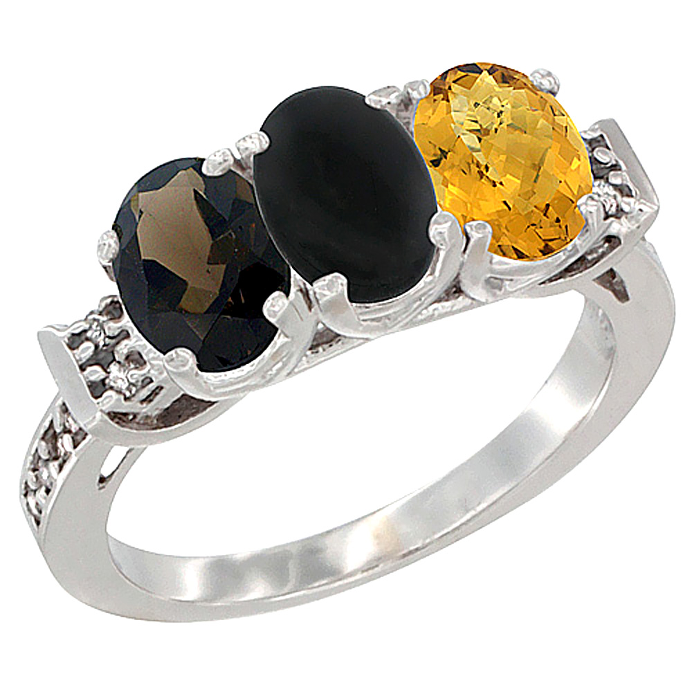 10K White Gold Natural Smoky Topaz, Black Onyx & Whisky Quartz Ring 3-Stone Oval 7x5 mm Diamond Accent, sizes 5 - 10