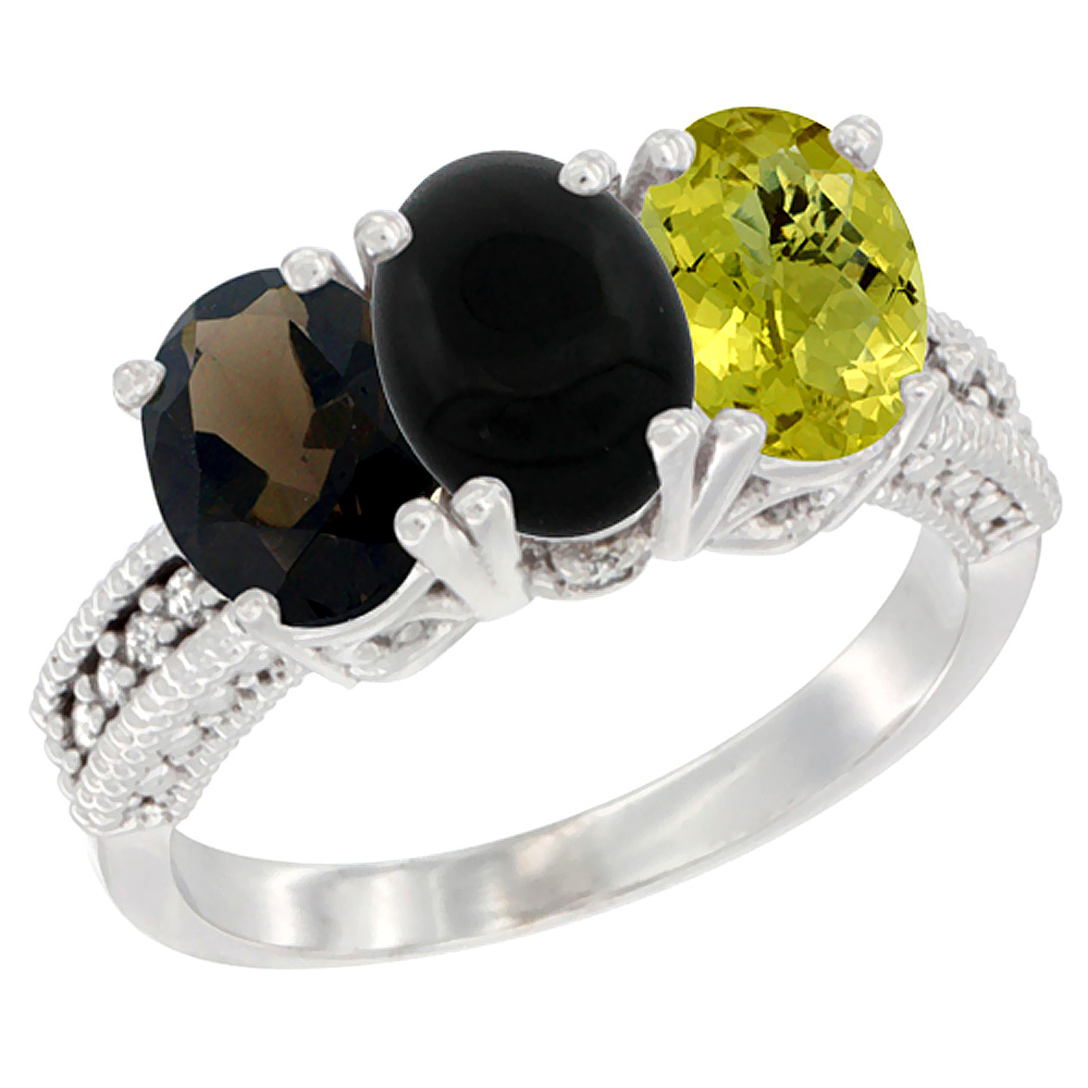 14K White Gold Natural Smoky Topaz, Black Onyx &amp; Lemon Quartz Ring 3-Stone 7x5 mm Oval Diamond Accent, sizes 5 - 10