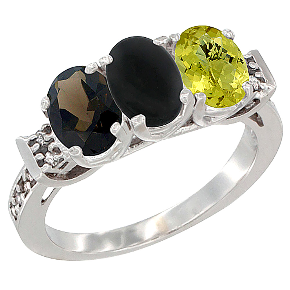 14K White Gold Natural Smoky Topaz, Black Onyx & Lemon Quartz Ring 3-Stone Oval 7x5 mm Diamond Accent, sizes 5 - 10