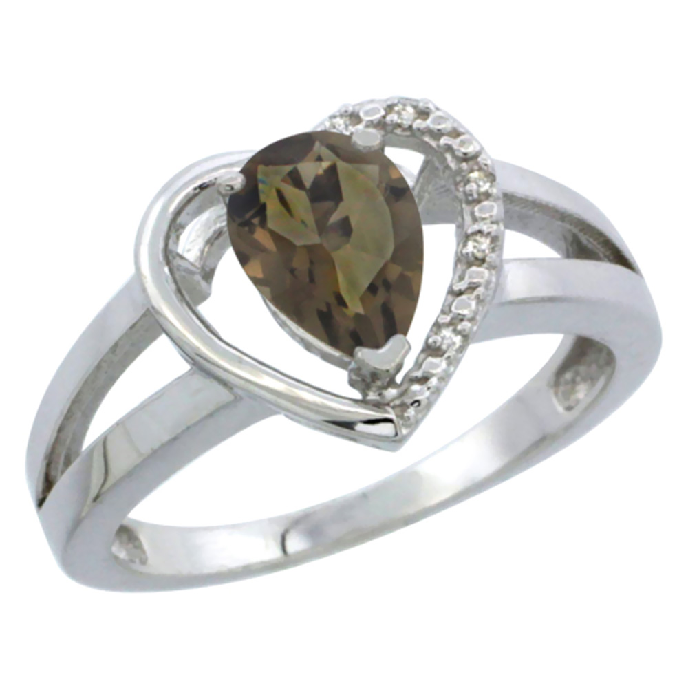 10K White Gold Natural Smoky Topaz Heart Ring Pear 7x5 mm Diamond Accent, sizes 5-10