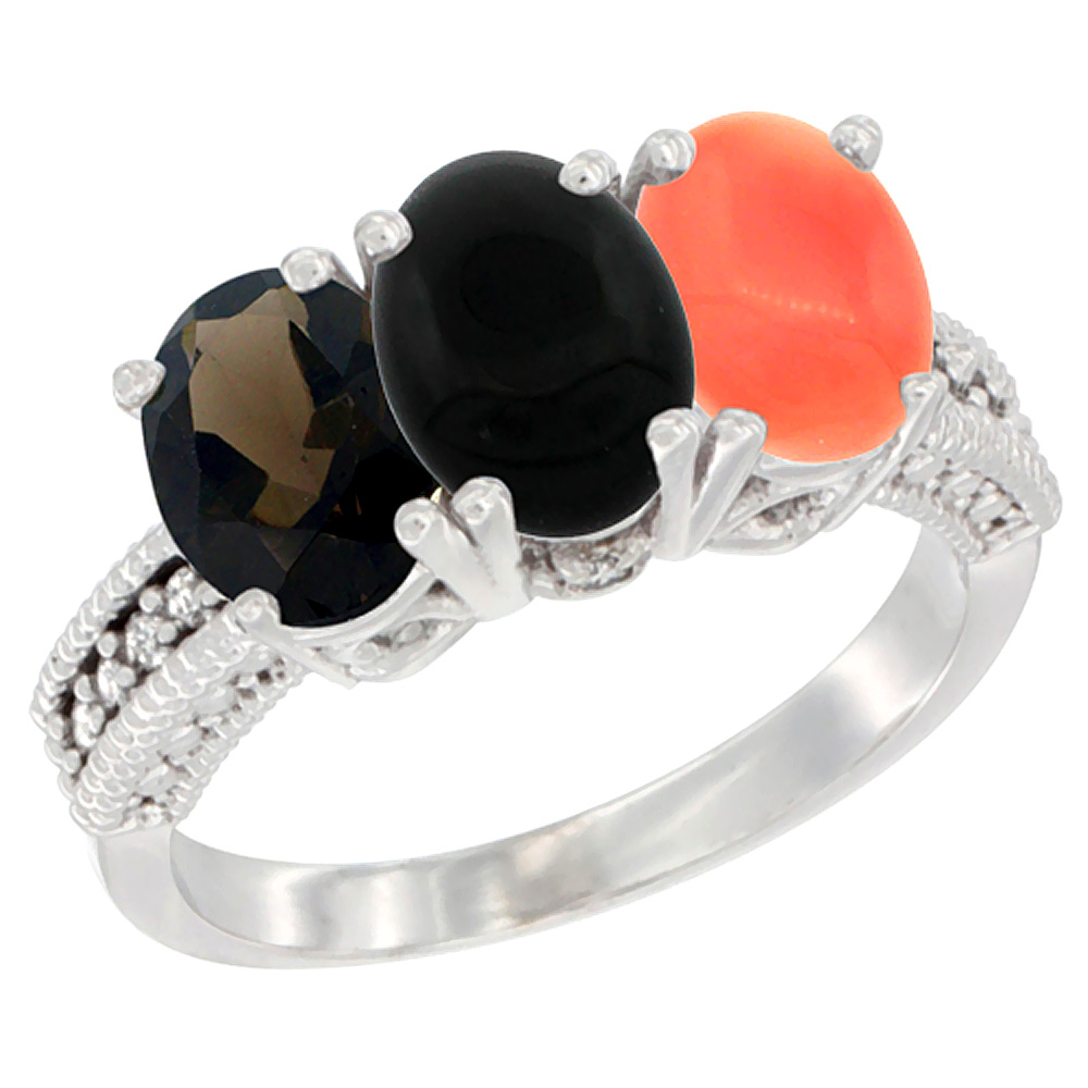 14K White Gold Natural Smoky Topaz, Black Onyx &amp; Coral Ring 3-Stone 7x5 mm Oval Diamond Accent, sizes 5 - 10