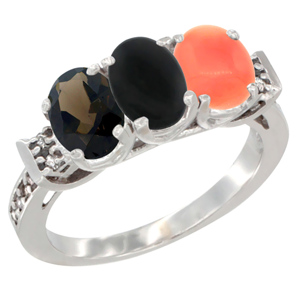 14K White Gold Natural Smoky Topaz, Black Onyx &amp; Coral Ring 3-Stone Oval 7x5 mm Diamond Accent, sizes 5 - 10