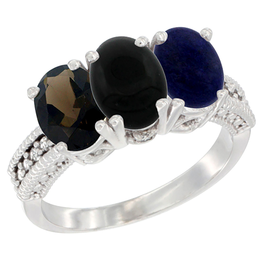 10K White Gold Natural Smoky Topaz, Black Onyx & Lapis Ring 3-Stone Oval 7x5 mm Diamond Accent, sizes 5 - 10