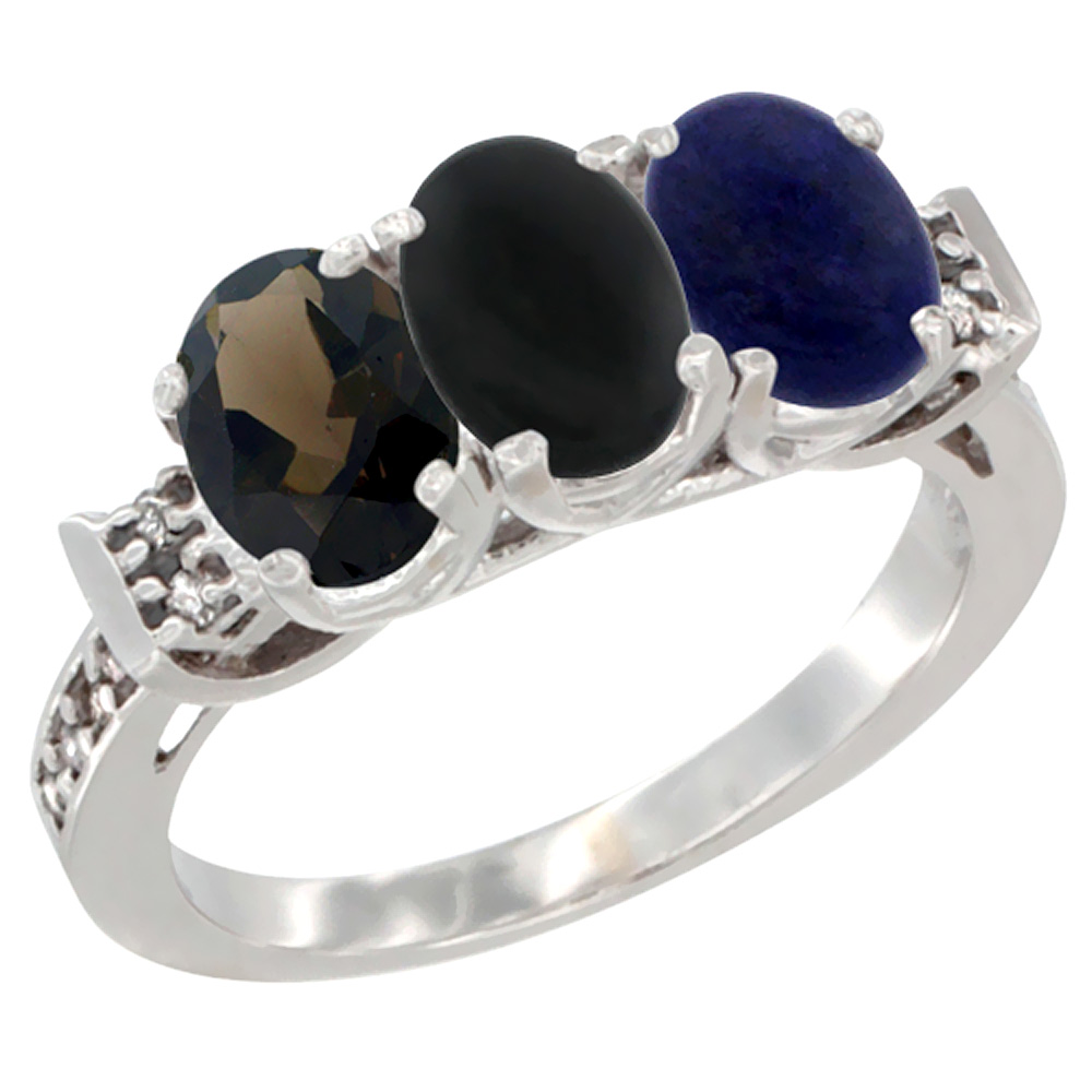 14K White Gold Natural Smoky Topaz, Black Onyx & Lapis Ring 3-Stone Oval 7x5 mm Diamond Accent, sizes 5 - 10