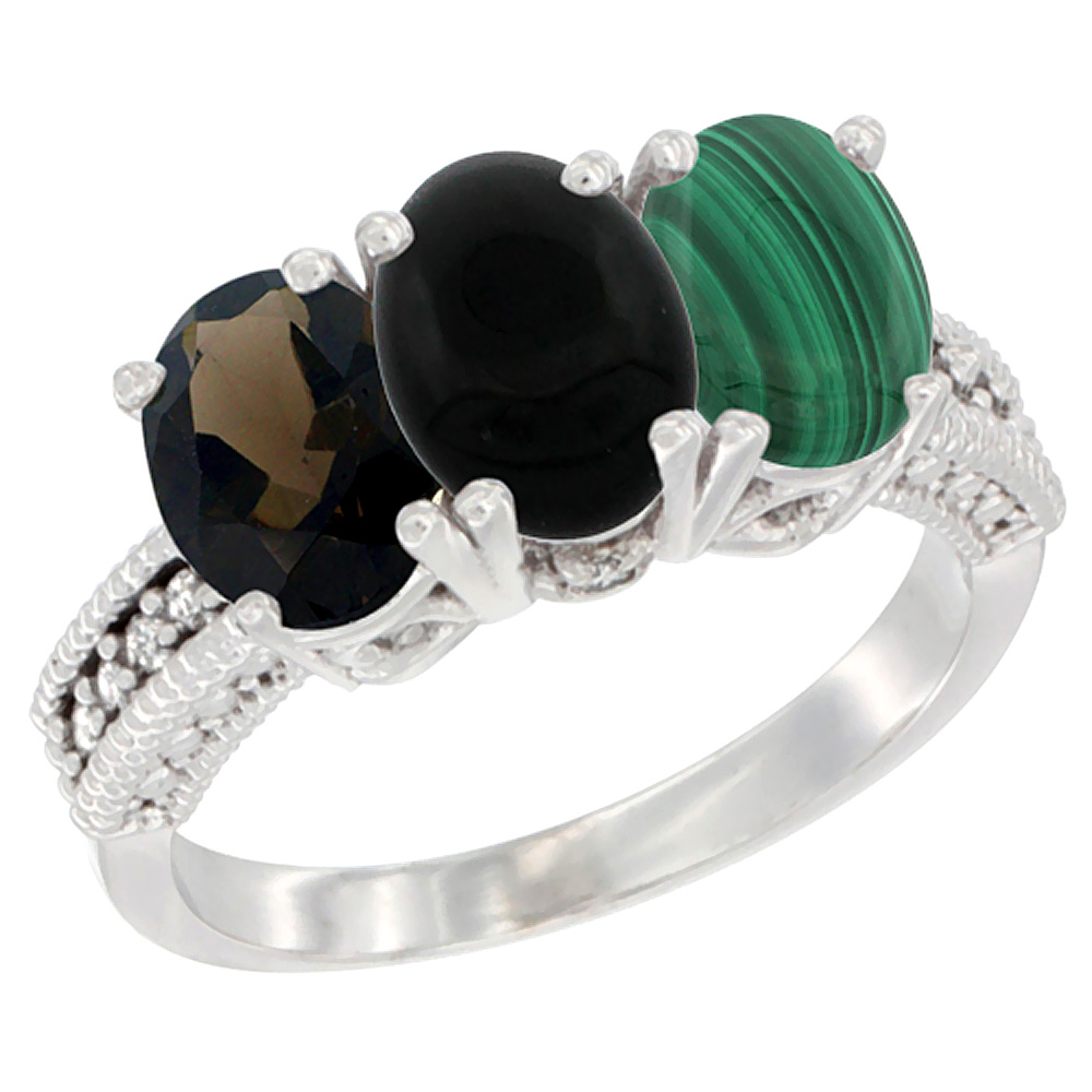 10K White Gold Natural Smoky Topaz, Black Onyx & Malachite Ring 3-Stone Oval 7x5 mm Diamond Accent, sizes 5 - 10