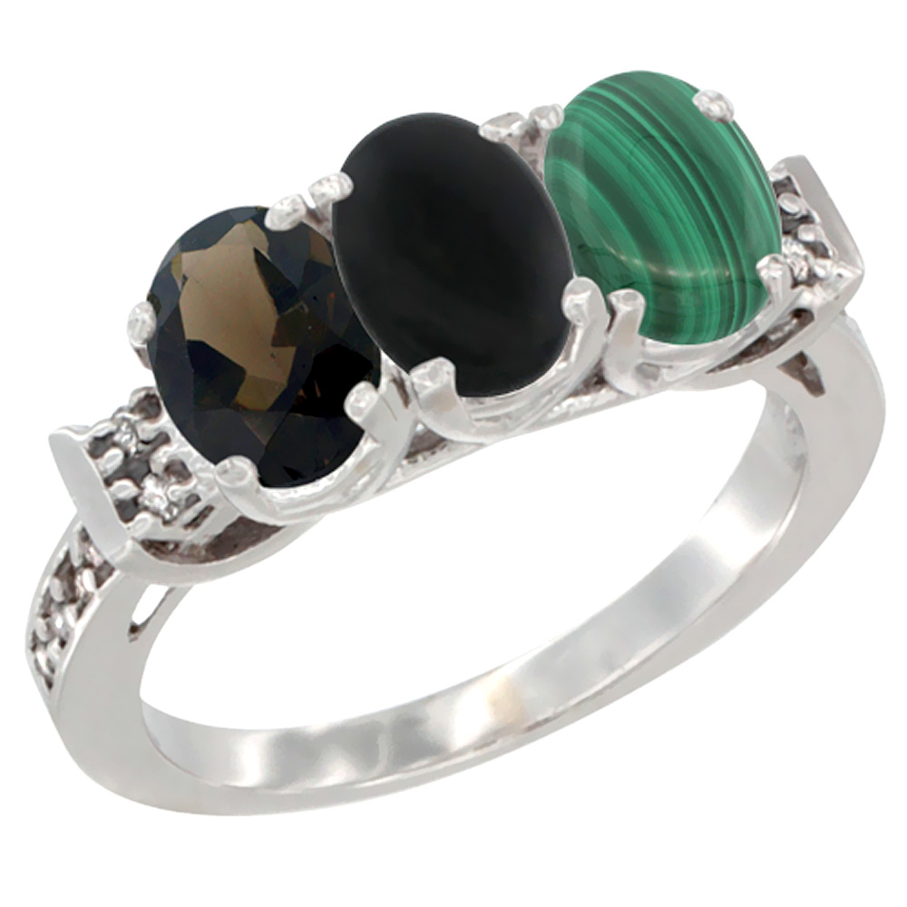 10K White Gold Natural Smoky Topaz, Black Onyx & Malachite Ring 3-Stone Oval 7x5 mm Diamond Accent, sizes 5 - 10