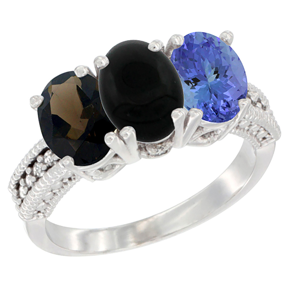 10K White Gold Natural Smoky Topaz, Black Onyx &amp; Tanzanite Ring 3-Stone Oval 7x5 mm Diamond Accent, sizes 5 - 10