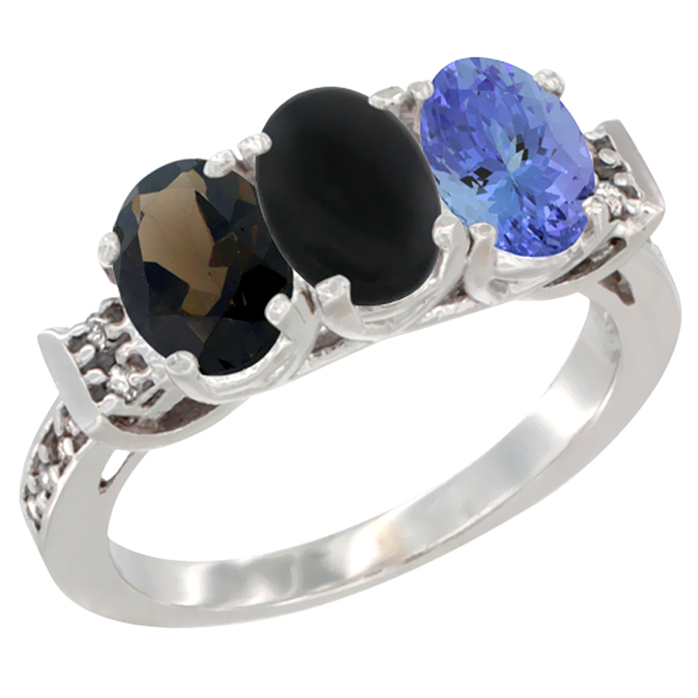 10K White Gold Natural Smoky Topaz, Black Onyx &amp; Tanzanite Ring 3-Stone Oval 7x5 mm Diamond Accent, sizes 5 - 10