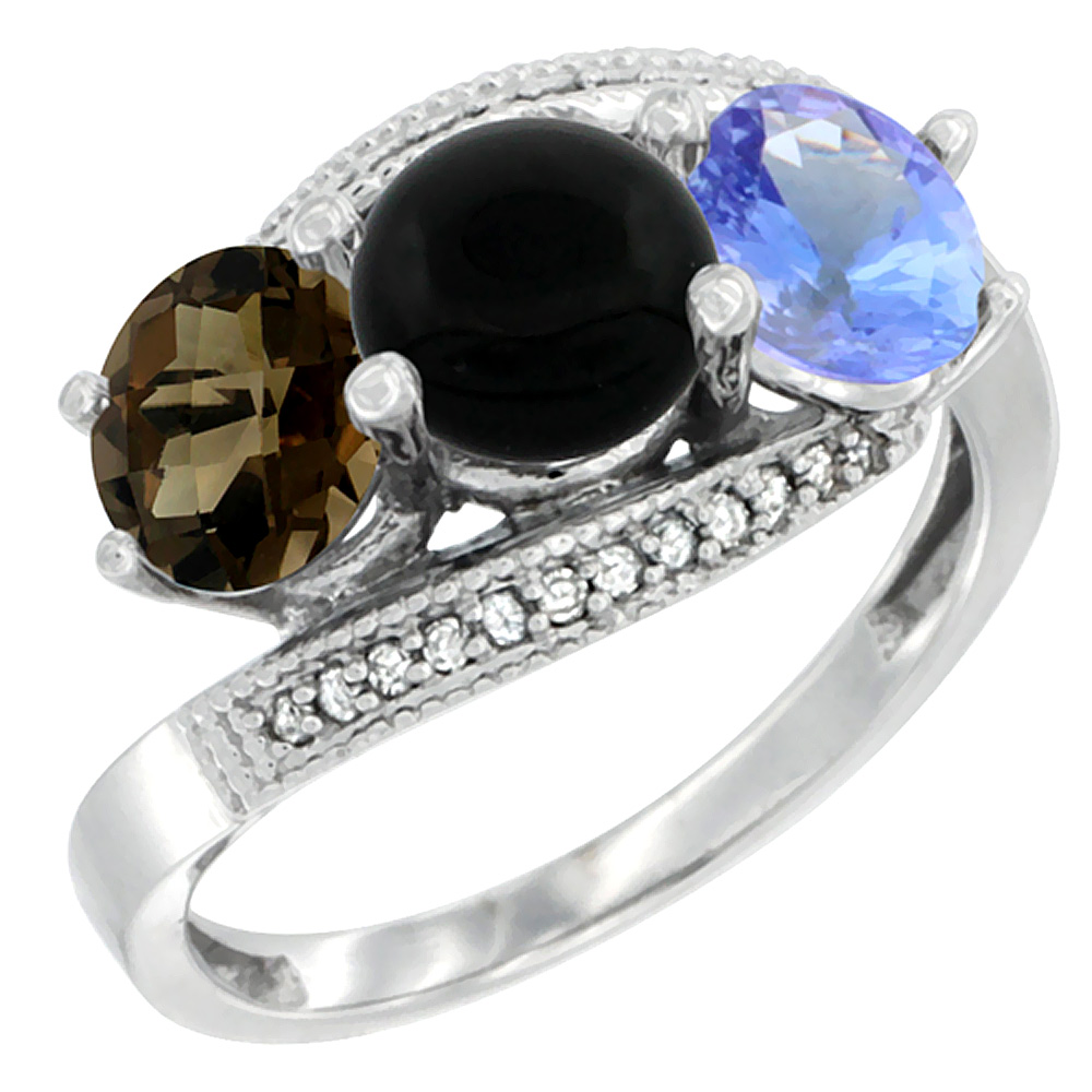 10K White Gold Natural Smoky Topaz, Black Onyx &amp; Tanzanite 3 stone Ring Round 6mm Diamond Accent, sizes 5 - 10