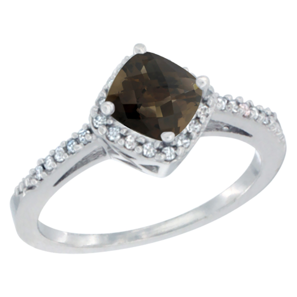 10K White Gold Natural Smoky Topaz Ring Cushion-cut 6mm Halo Diamond Accent, sizes 5 - 10