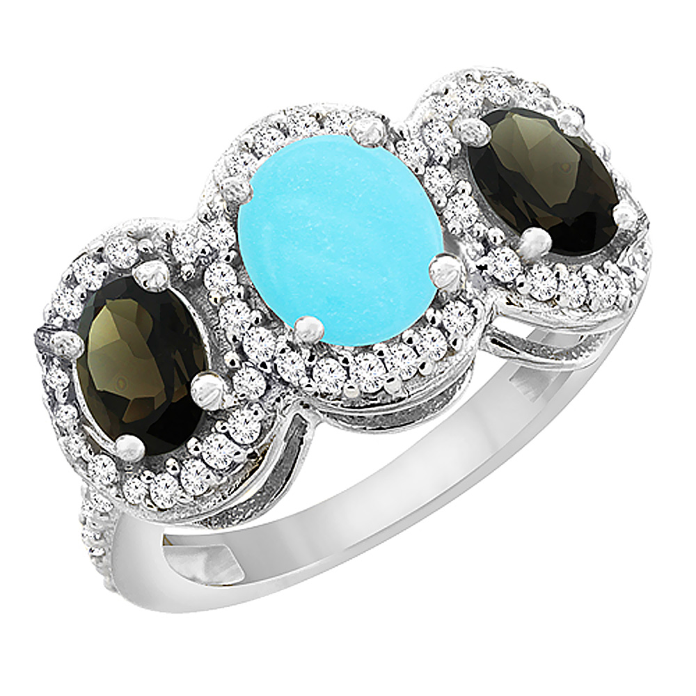 14K White Gold Natural Turquoise & Smoky Topaz 3-Stone Ring Oval Diamond Accent, sizes 5 - 10