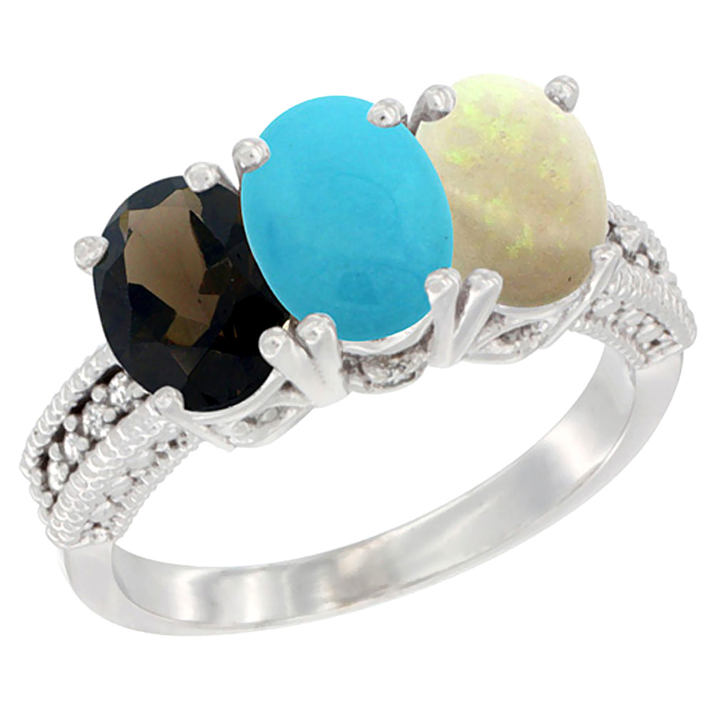 14K White Gold Natural Smoky Topaz, Turquoise & Opal Ring 3-Stone 7x5 mm Oval Diamond Accent, sizes 5 - 10
