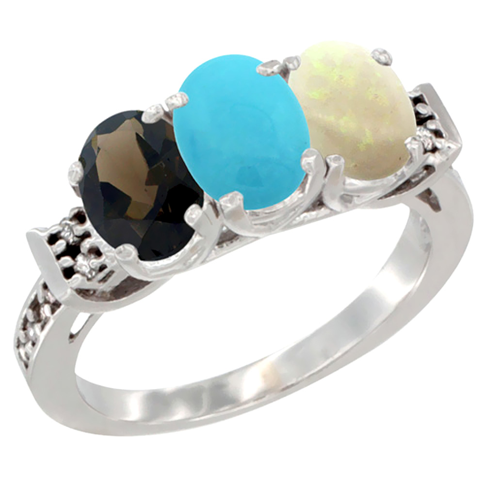 14K White Gold Natural Smoky Topaz, Turquoise &amp; Opal Ring 3-Stone Oval 7x5 mm Diamond Accent, sizes 5 - 10