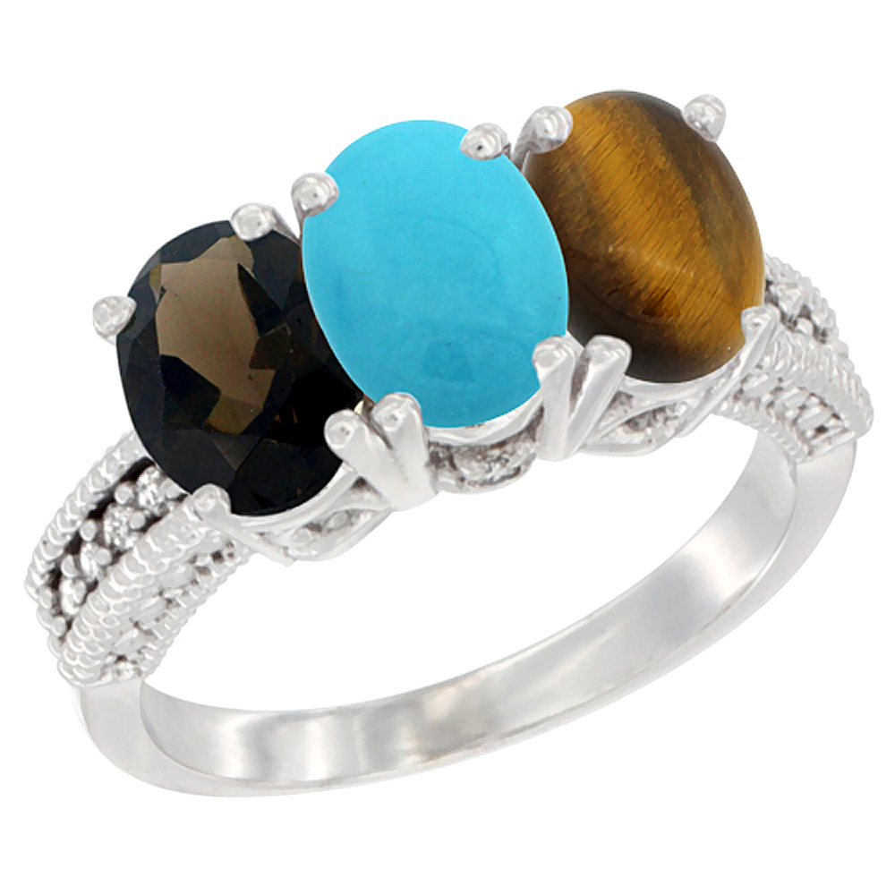 14K White Gold Natural Smoky Topaz, Turquoise & Tiger Eye Ring 3-Stone 7x5 mm Oval Diamond Accent, sizes 5 - 10