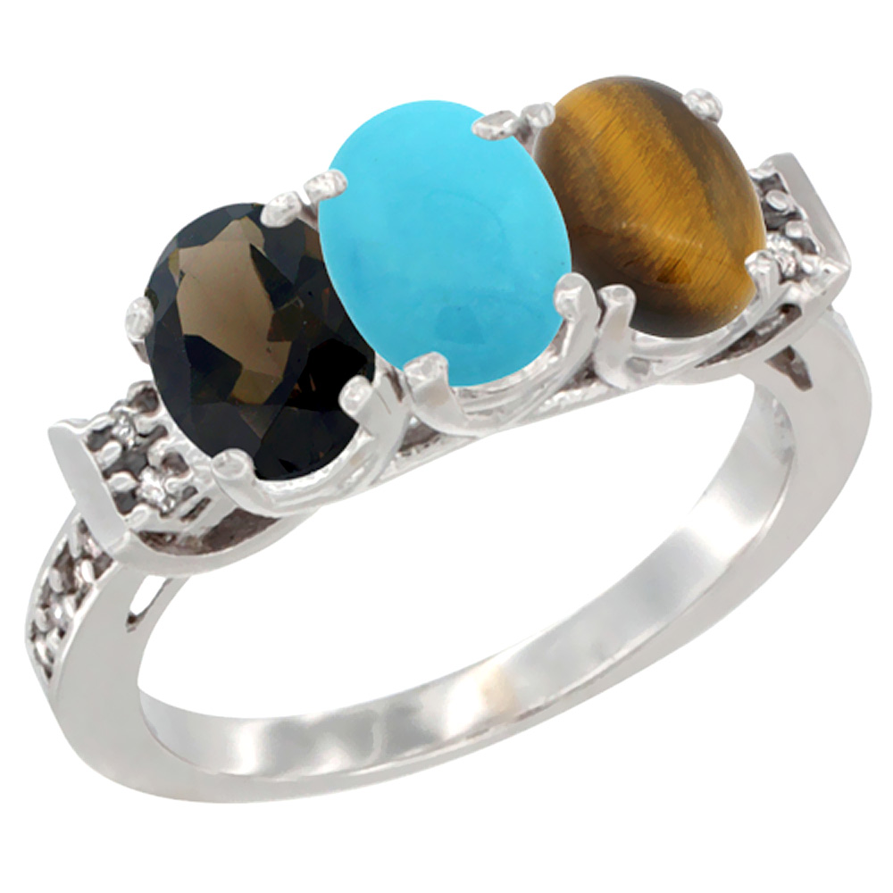 10K White Gold Natural Smoky Topaz, Turquoise & Tiger Eye Ring 3-Stone Oval 7x5 mm Diamond Accent, sizes 5 - 10