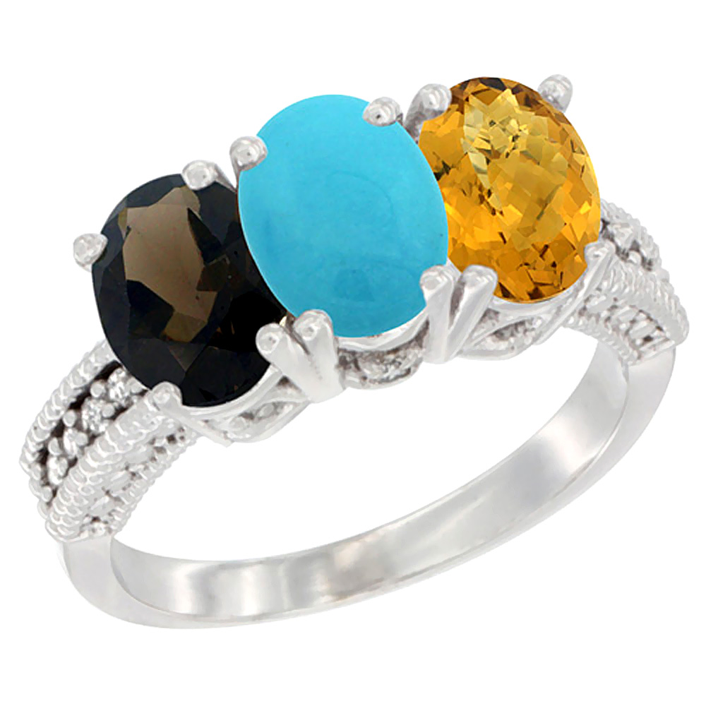 10K White Gold Natural Smoky Topaz, Turquoise &amp; Whisky Quartz Ring 3-Stone Oval 7x5 mm Diamond Accent, sizes 5 - 10