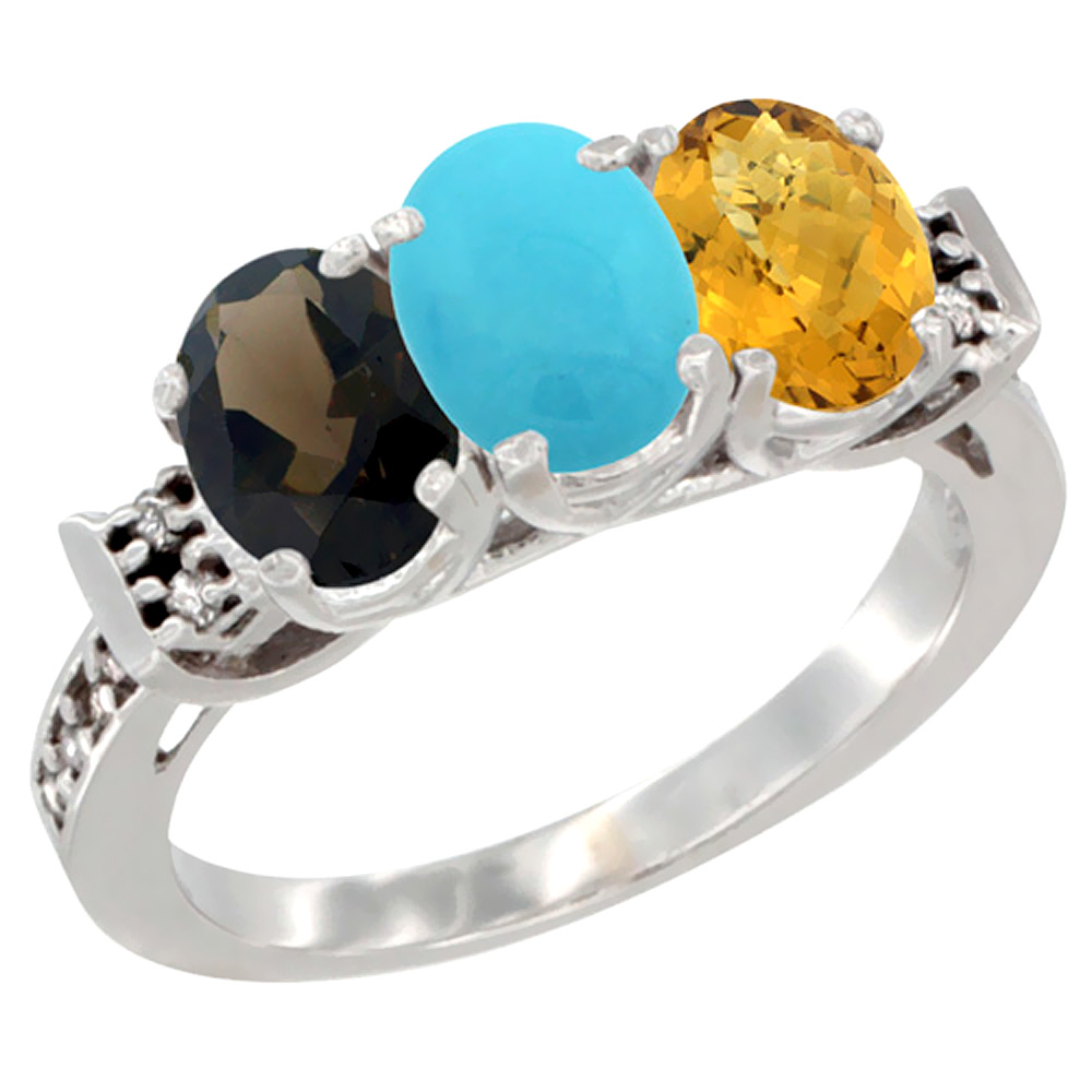 14K White Gold Natural Smoky Topaz, Turquoise &amp; Whisky Quartz Ring 3-Stone Oval 7x5 mm Diamond Accent, sizes 5 - 10