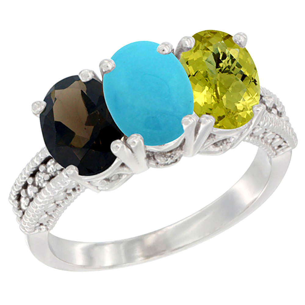 14K White Gold Natural Smoky Topaz, Turquoise &amp; Lemon Quartz Ring 3-Stone 7x5 mm Oval Diamond Accent, sizes 5 - 10