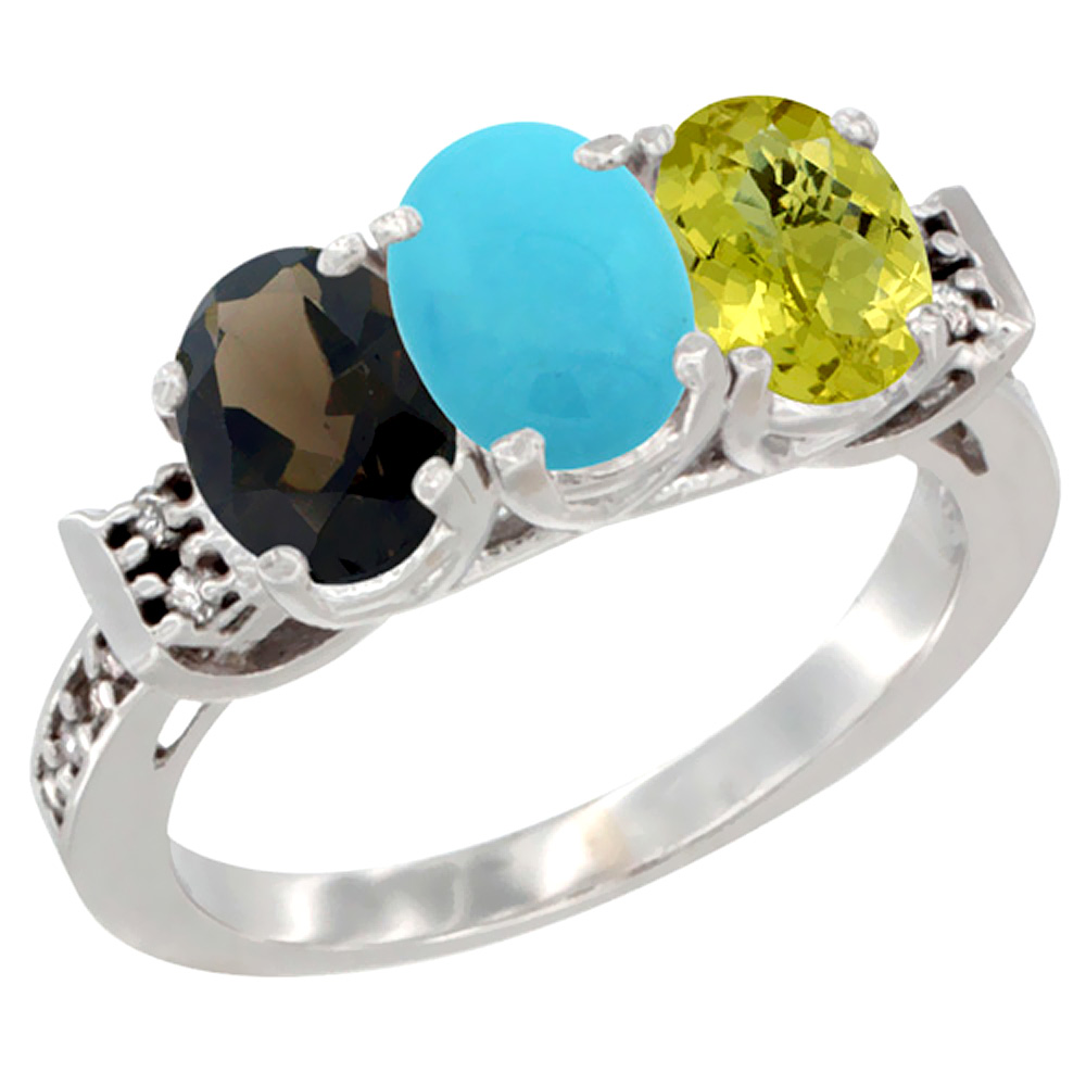 10K White Gold Natural Smoky Topaz, Turquoise &amp; Lemon Quartz Ring 3-Stone Oval 7x5 mm Diamond Accent, sizes 5 - 10