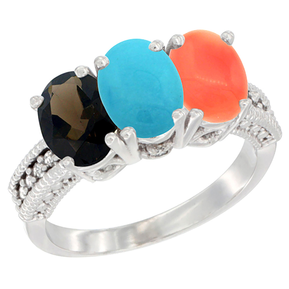 10K White Gold Natural Smoky Topaz, Turquoise & Coral Ring 3-Stone Oval 7x5 mm Diamond Accent, sizes 5 - 10