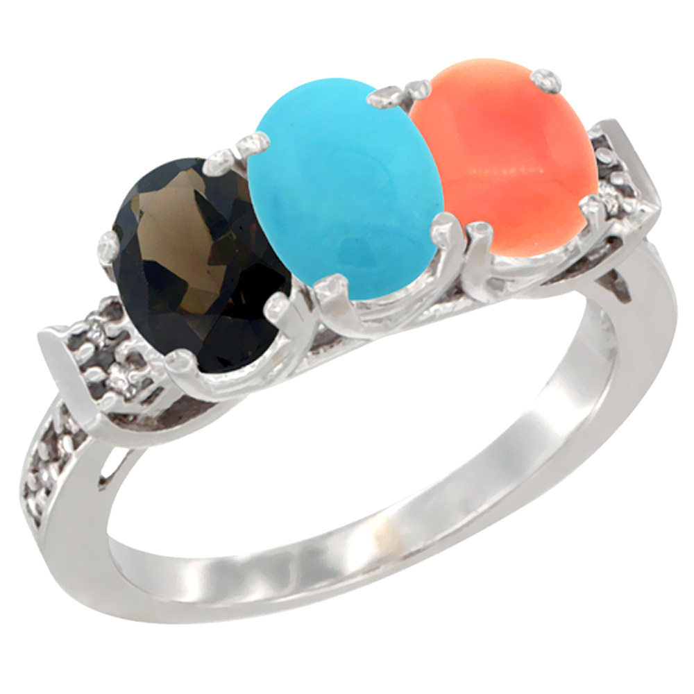 14K White Gold Natural Smoky Topaz, Turquoise & Coral Ring 3-Stone Oval 7x5 mm Diamond Accent, sizes 5 - 10