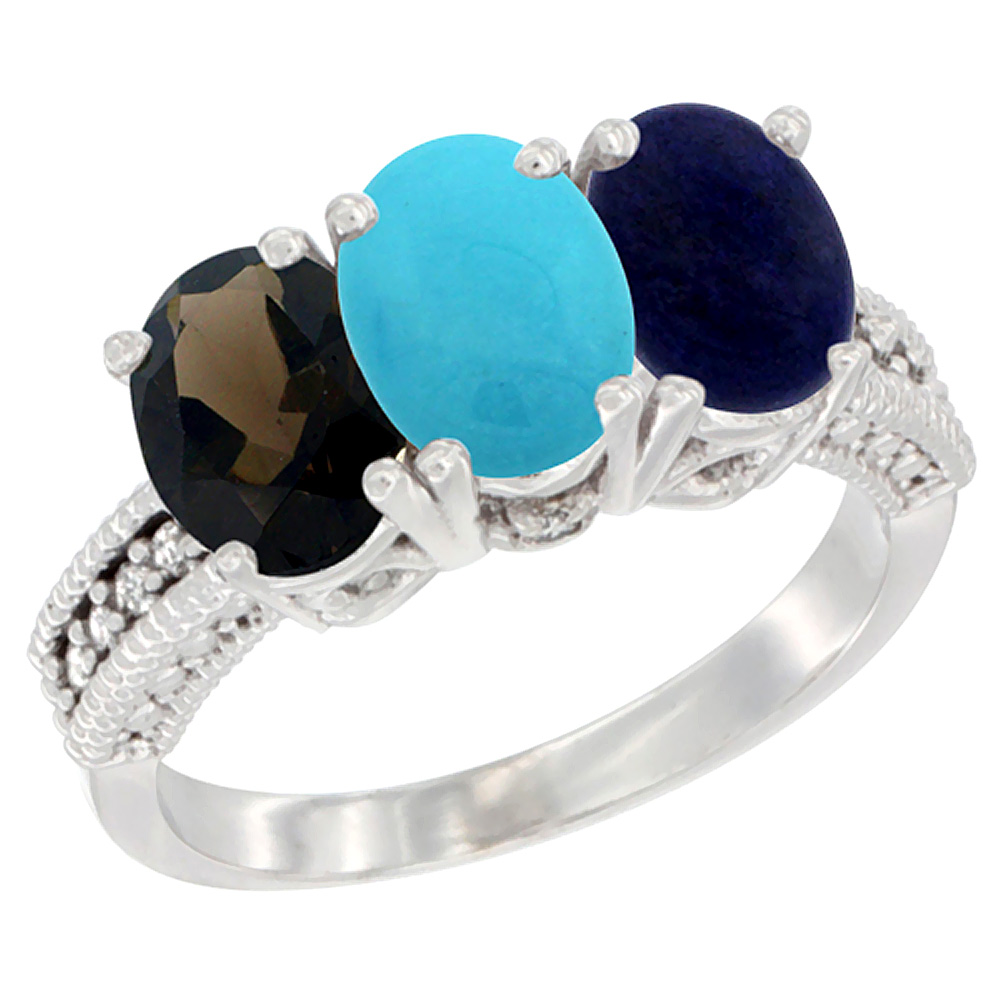 14K White Gold Natural Smoky Topaz, Turquoise &amp; Lapis Ring 3-Stone 7x5 mm Oval Diamond Accent, sizes 5 - 10