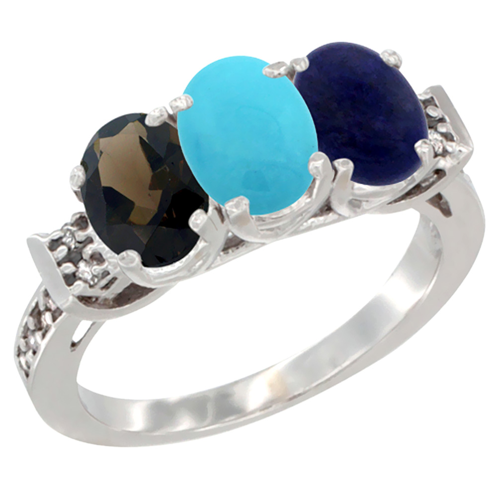 14K White Gold Natural Smoky Topaz, Turquoise &amp; Lapis Ring 3-Stone Oval 7x5 mm Diamond Accent, sizes 5 - 10