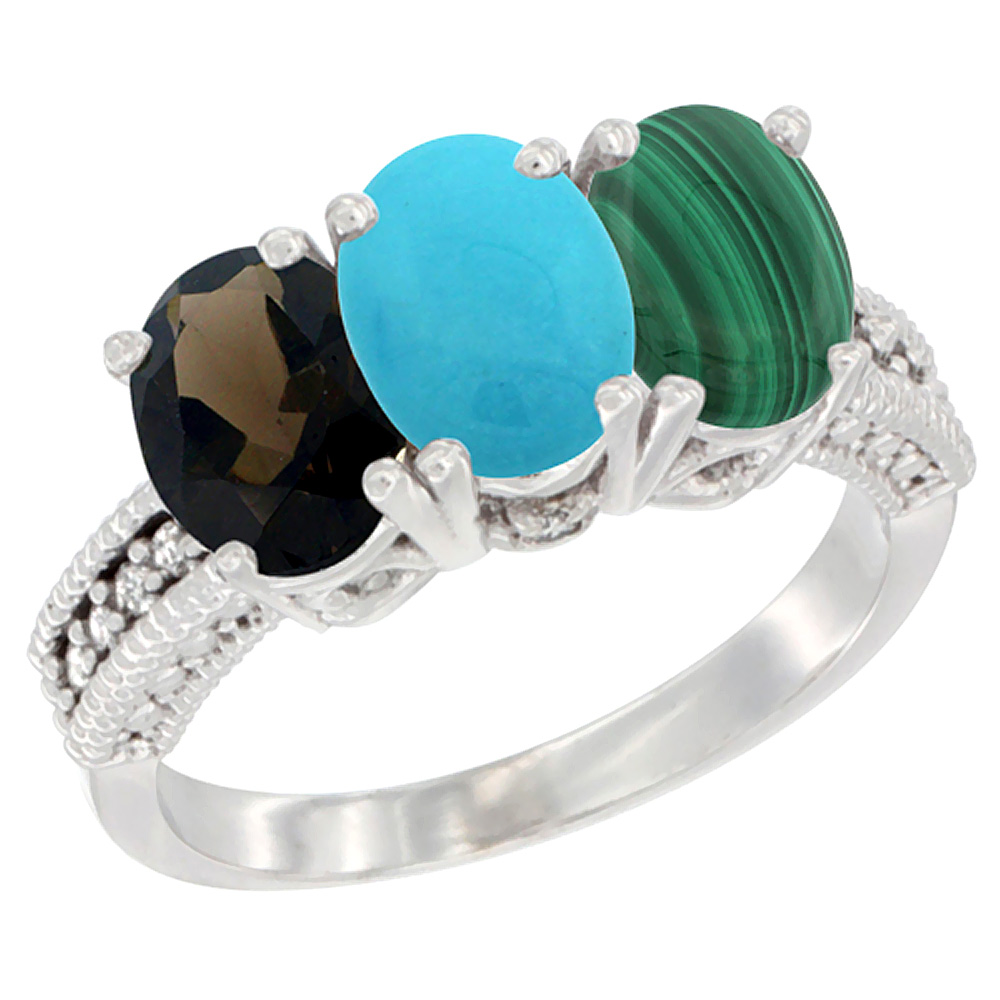 14K White Gold Natural Smoky Topaz, Turquoise &amp; Malachite Ring 3-Stone 7x5 mm Oval Diamond Accent, sizes 5 - 10