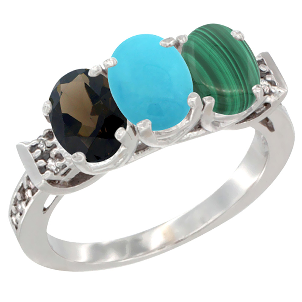 10K White Gold Natural Smoky Topaz, Turquoise & Malachite Ring 3-Stone Oval 7x5 mm Diamond Accent, sizes 5 - 10