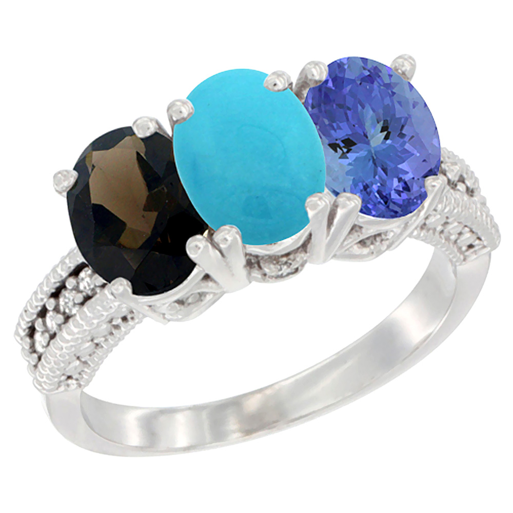 14K White Gold Natural Smoky Topaz, Turquoise &amp; Tanzanite Ring 3-Stone 7x5 mm Oval Diamond Accent, sizes 5 - 10